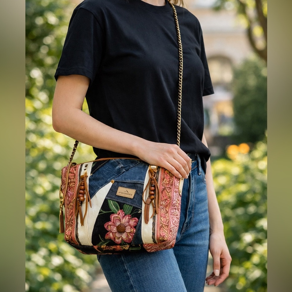 Boho Patchwork Crossbody Bag | Denim and Floral | Chain & Leather Strap